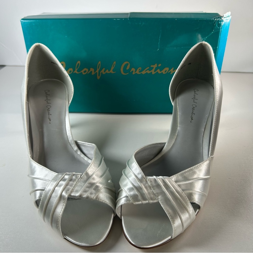 Colorful Creations Wedding Party Pumps Shoes Satin White Mid Heels Size 10 B
